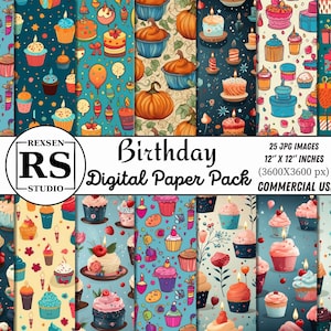 Birthday Digital Paper Pack: Cupcake & Cake Patterns (Commercial Use)