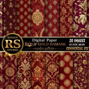 Red & Gold Damask Digital Papers, Seamless Vintage Scrapbook Backgrounds, Luxury Printable JPG Download