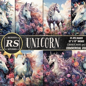 Watercolor Unicorns digital paper pack, Rainbow Unicorns, Clouds, Hearts, Stars, Crown, Seamless Pattern, Instant Download, 12x12 jpg