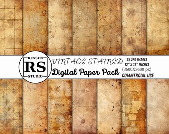 May include: A digital paper pack containing 25 vintage stained paper textures. Each image is 12 inches by 12 inches and 3600 pixels by 3600 pixels. The paper textures are in shades of brown and beige with a distressed look. The paper pack is for commercial use.