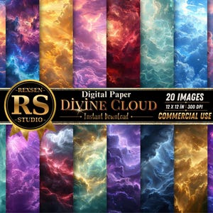 Puede incluir: Una colección de 20 imágenes de papel digital con formaciones de nubes coloridas. Las imágenes miden 30,48 cm x 30,48 cm y son para uso comercial. El texto en la imagen dice "Digital Paper Divine Cloud".