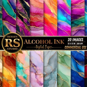 May include: A collection of 20 digital paper images featuring alcohol ink patterns with gold veining. The central black banner displays the text REXSEN RS STUDIO ALCOHOL INK Digital Paper 20 IMAGES 12 X 12 IN 300 DPI COMMERCIAL USE.