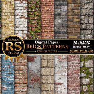 May include: A collection of 20 digital paper brick patterns featuring various textures including weathered red brick, moss-covered stone, gray masonry, and distressed plaster. The image includes the text REXSEN RS STUDIO Digital Paper BRICK PATTERNS.