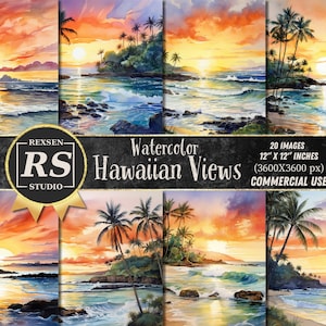 Watercolor Hawaiian Views Digital Paper, Hawaiian Art, Hawaiian Beach Scenes, Printable Hawaiian Backgrounds Bundle, Tropical Sunset Art