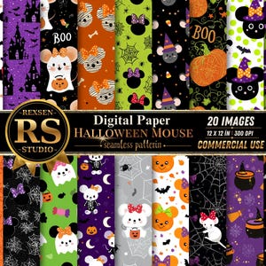 Könnte beinhalten: Eine Sammlung von 20 digitalen Papierbögen mit nahtlosen Halloween-Mustern, darunter Maussilhouetten, Kürbisse, Geister, Spinnennetze und Fledermäuse in Orange, Lila, Schwarz, Grün und Weiß. Der Text lautet REXSEN RS STUDIO Digital Paper HALLOWEEN MOUSE.