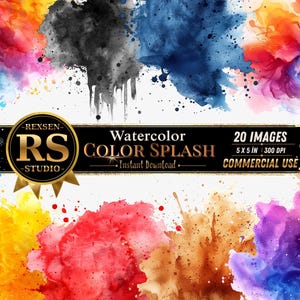 Könnte beinhalten: Ein digitaler Kunstdruck mit lebendigen Aquarellspritzern in verschiedenen Farben, darunter Rot, Gelb, Blau und Lila. Das Bild enthält den Text "Watercolor Color Splash" und "20 Images 5 x 5 in 300 DPI Commercial Use."