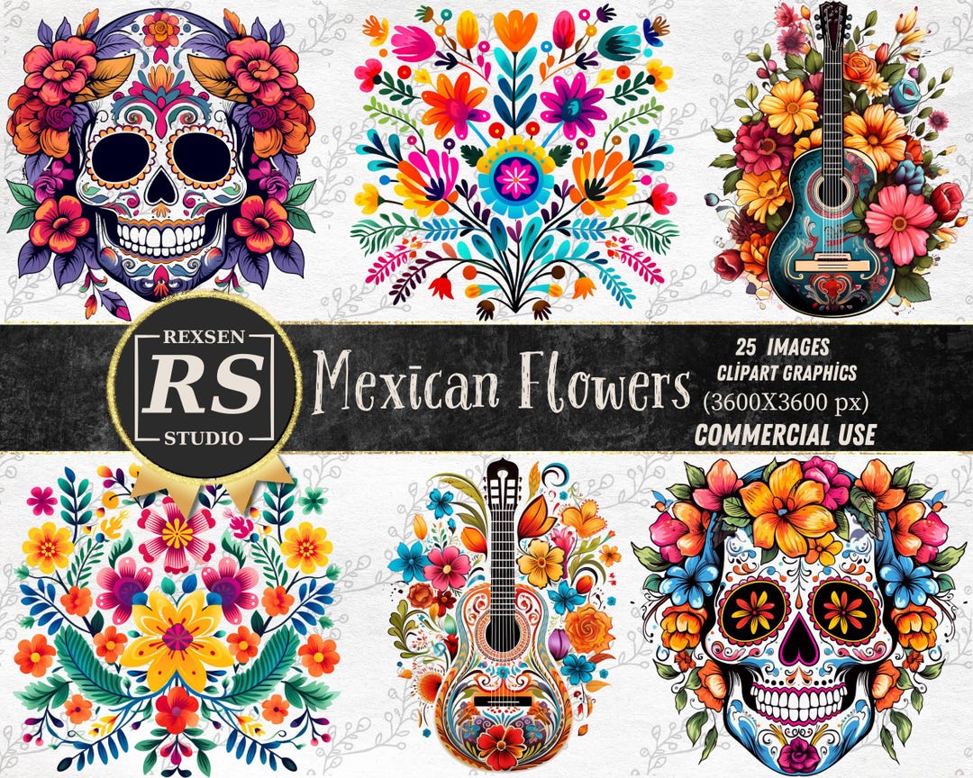 Mexican Flowers Clipart Bundle, 25 Otomi Cinco De Mayo PNG Floral ...