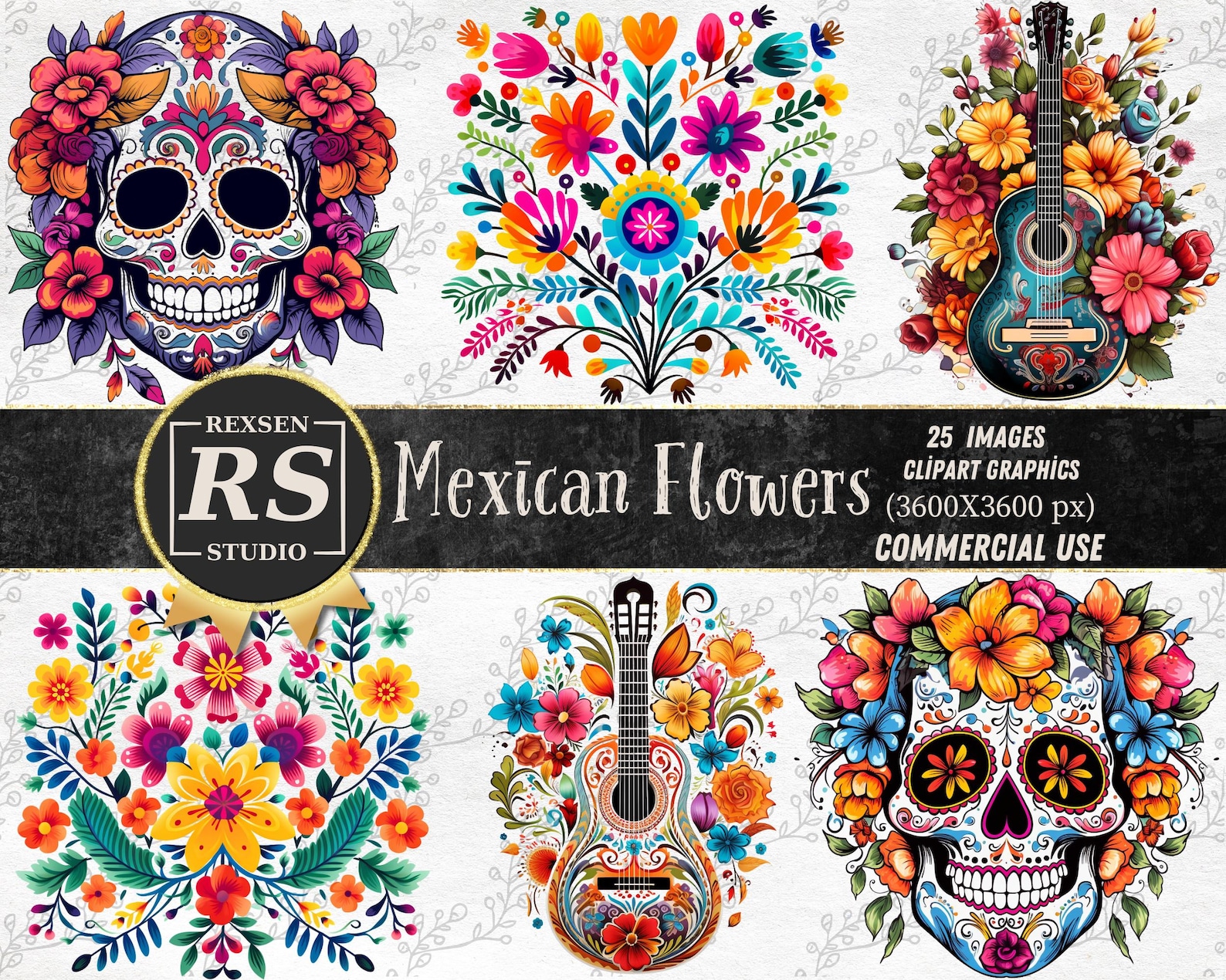 Mexican Flowers Clipart Bundle, 25 Otomi Cinco De Mayo PNG Floral ...