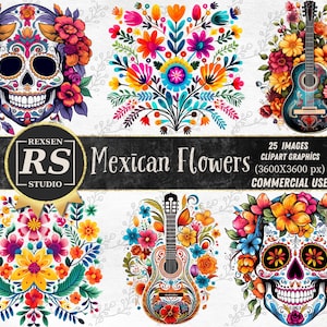 Può includere: Un set di 25 immagini clipart digitali che presentano colorati fiori messicani, teschi di zucchero e chitarre. Le immagini sono di 3600 x 3600 pixel e sono per uso commerciale.
