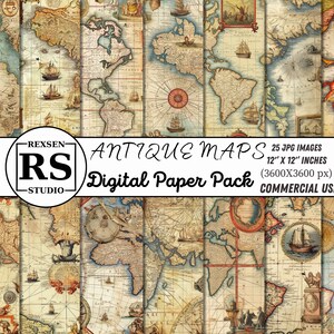 Könnte beinhalten: Ein digitales Papierpaket mit 25 antiken Karten, jede mit einer Größe von 30,5 cm x 30,5 cm. Die Karten sind im Vintage-Stil gehalten und in Braun- und Beigetönen gehalten. Die Karten zeigen verschiedene Kontinente und Ozeane, einige mit Schiffen und anderen nautischen Details. Der Text "ANTIQUE MAPS" ist in einer dekorativen Schriftart oben im Bild geschrieben.
