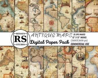 Antique World Map Digital Paper Pack, Vintage Travel Junk Journal Kit (Commercial Use)