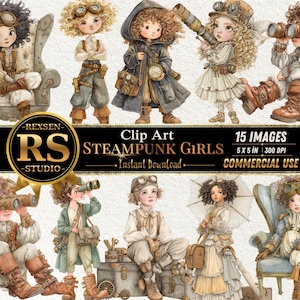 Könnte beinhalten: Eine digitale Sammlung von 15 Illustrationen im Steampunk-Stil mit Charakteren mit lockigem Haar, Schutzbrillen und Vintage-Kleidung. Der Text lautet REXSEN RS STUDIO, Clip Art, STEAMPUNK GIRLS, Instant Download, 15 IMAGES, 5 X 5 IN, 300 DPI.