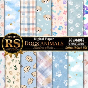 以下が含まれることがあります： 犬をテーマにしたデザインのデジタルペーパー20枚セット。水彩画風の足跡、子犬の顔、チェック柄、雲、植物のモチーフが、ソフトなブルー、ピンク、ニュートラルカラーのパレットで描かれています。