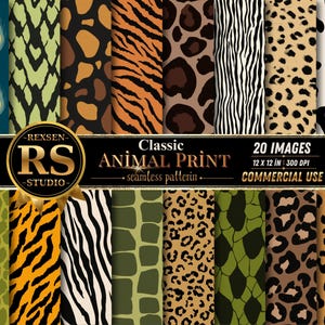 Papéis Digitais Animal Print, Padrões Seamless Tigre Leopardo Zebra, Fundos Safari JPG