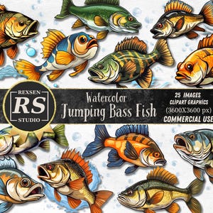 Aquarelle sautant achigan poisson Collection Clipart, 25 cliparts PNG poisson, achigan drôle, poisson de pêche PNG, lot de cliparts poisson, usage Commercial