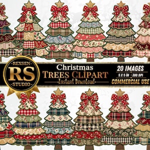 May include: A collection of 20 digital Christmas tree illustrations featuring various fabric patterns like plaid, floral, and gingham. Each tree is topped with a gold star and a red bow. Text includes REXSEN RS STUDIO Christmas TREES CLIPART.