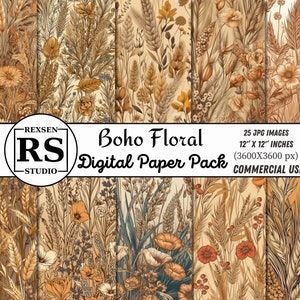 Seamless Boho Floral Digital Paper, Elegant Boho Flowers Seamless Pattern, Bohemian Collage Paper Pack, Boho Scrapbooking Junk Journal Kit