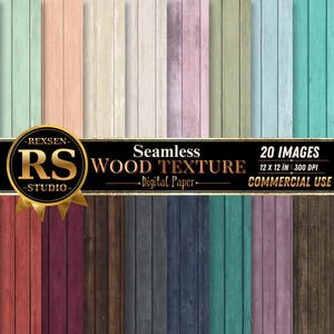 May include: A collection of 20 seamless wood texture digital paper images in various colors including pastel pink, blue, green, yellow, and dark brown. A black banner across the center displays the text REXSEN RS STUDIO Seamless WOOD TEXTURE.