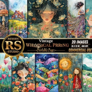 Può includere: Una collezione di 20 immagini vintage e stravaganti a tema primaverile. L'opera presenta illustrazioni ad acquerello di scene naturali, persone e fiori. Le immagini misurano 45,7 x 30,5 cm e 300 DPI. Uso commerciale.