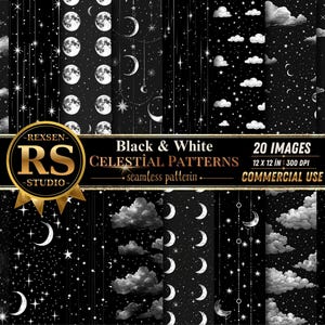Puede incluir: Un conjunto de 20 patrones celestiales en blanco y negro con lunas, estrellas y nubes. La imagen incluye el texto "Black & White Celestial Patterns" y "Commercial Use". Las imágenes miden 30 x 30 cm.