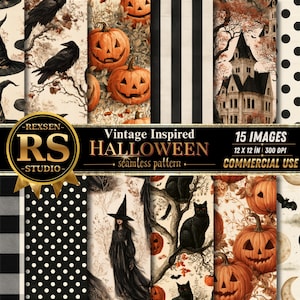 May include: A digital collection of 15 seamless Halloween patterns featuring vintage-style illustrations of witch hats, black crows, jack-o'-lanterns, black cats, a haunted mansion, moons, bats, and geometric prints in black, white, and orange tones.