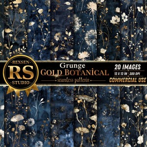 Puede incluir: Un conjunto de 20 imágenes digitales con un fondo azul oscuro y diseños botánicos dorados. Las imágenes presentan varios elementos florales y vegetales. El texto en la imagen dice "Grunge Gold Botanical" y "Commercial Use". Cada imagen mide 30,48 x 30,48 cm.