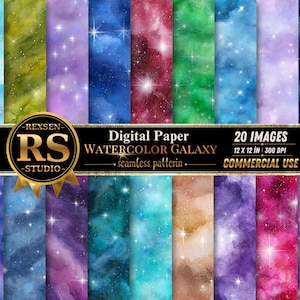 Könnte beinhalten: Eine Sammlung von 20 digitalen Papierbögen mit Aquarell-Galaxie-Mustern in verschiedenen Farben wie Blau, Grün, Lila, Rot und Gold. Jeder Bogen zeigt einen Sternenhimmel-Effekt mit hellen weißen Sternen und wolkenartigen Farbverläufen.