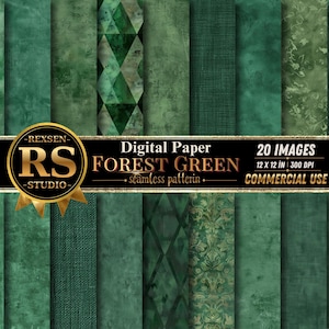 Pode incluir: Uma coleção de 20 imagens de papel digital em vários tons de verde floresta, apresentando texturas, padrões geométricos de diamante e motivos florais. Um logotipo circular dourado exibe o texto REXSEN RS STUDIO DIGITAL PAPER FOREST GREEN.