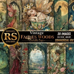Könnte beinhalten: Eine Sammlung von Feenillustrationen im Vintage-Stil. Die Bilder zeigen Feen in verschiedenen Umgebungen, darunter Wälder und Mondlichtszenen. Der Text auf dem Bild lautet "Vintage Fairies Woods Printable Pages" und "20 IMAGES 18 X 12 IN 300 DPI COMMERCIAL USE."
