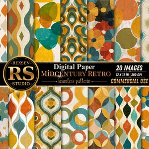 May include: A collection of 20 digital paper patterns featuring mid-century retro designs in orange, teal, yellow, and cream. The graphics include geometric shapes, floral motifs, and starbursts with a textured finish. Text reads REXSEN RS STUDIO.