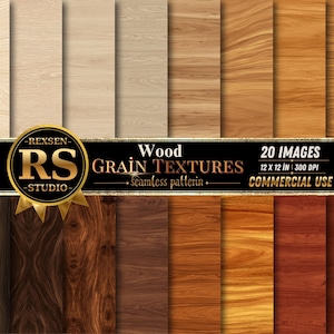 Könnte beinhalten: Eine Sammlung von 20 nahtlosen Holzmaserungstexturen in verschiedenen Farbtönen von hellem Beige bis Dunkelbraun. Ein zentrales schwarzes Banner zeigt den goldenen Text REXSEN RS STUDIO, Wood GRAIN TEXTURES, 20 IMAGES, 12 x 12 IN, 300 DPI, COMMERCIAL USE.