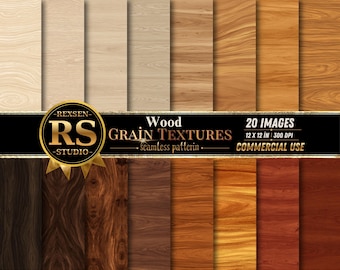 May include: A collection of 20 seamless wood grain textures in various shades ranging from light beige to dark brown. A central black banner features the gold text REXSEN RS STUDIO, Wood GRAIN TEXTURES, 20 IMAGES, 12 x 12 IN, 300 DPI, and COMMERCIAL USE.