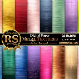 May include: A digital paper set featuring 20 images with metal textures in various colors, including gold, red, and blue. The images are 12 x 12 inches and suitable for commercial use. The "RS Studio" logo is visible.