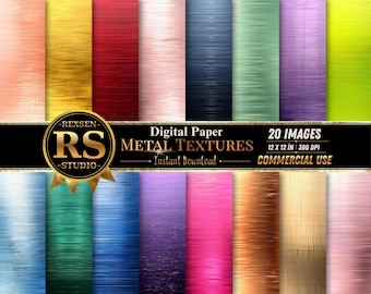 May include: A digital paper set with 20 images showcasing metal textures in diverse hues like gold, red, and blue. The images measure 30.48 cm x 30.48 cm and are for commercial use. The "RS Studio" logo is present.