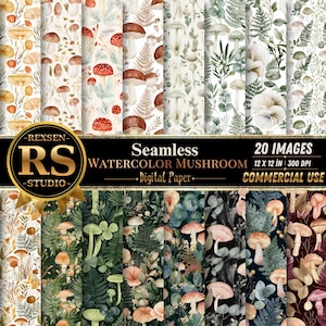 May include: A collection of 20 seamless digital paper patterns featuring watercolor mushroom and botanical illustrations. The designs include various fungi, ferns, and foliage in diverse color palettes, labeled with REXSEN RS STUDIO.