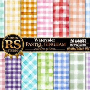 May include: A collection of twenty watercolor gingham patterns in various pastel colors including mint, yellow, orange, pink, red, blue, purple, and green. A black banner features the text REXSEN RS STUDIO Watercolor PASTEL GINGHAM 20 IMAGES 12 X 12 IN 300 DPI COMMERCIAL USE.