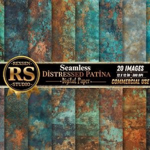 Op de afbeelding: Een collectie van 20 naadloze digitale papierafbeeldingen met verweerde patina-texturen in tinten van geoxideerd koper, taling, roest en bruin. Een goudkleurig rond logo met de tekst REXSEN RS STUDIO en de tekst Seamless Distressed Patina Digital Paper 20 IMAGES 12 x 12 IN 300 DPI COMMERCIAL USE zijn eroverheen geplaatst.