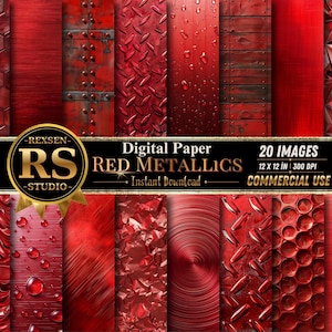 Könnte beinhalten: Eine Sammlung von 20 digitalen Papierbildern mit roten Metallic-Texturen, darunter hexagonale Muster, gebürstetes Metall, Riffelblech, Wassertropfen und geometrische Facetten. Der Text lautet REXSEN RS STUDIO Digital Paper RED METALLICS.