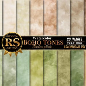 Pode incluir: Uma coleção de 20 padrões digitais de aquarela sem costura em vários tons terrosos, incluindo bege, castanho claro, castanho e verde sálvia. Uma faixa horizontal preta no centro exibe o texto REXSEN RS STUDIO Watercolor BOHO TONES.