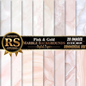May include: A collection of 20 digital paper backgrounds featuring pink and gold marble patterns. The image includes a black banner with the text REXSEN RS STUDIO, Pink & Gold MARBLE BACKGROUNDS, 20 IMAGES, 12 x 12 IN, 300 DPI, and COMMERCIAL USE.