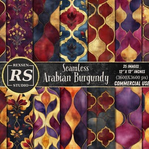 May include: 25 digital papers featuring a seamless pattern of geometric shapes in shades of burgundy, gold, and blue. The pattern resembles traditional Arabian tilework. Each paper is 12 inches by 12 inches (3600 x 3600 pixels) and is for commercial use.