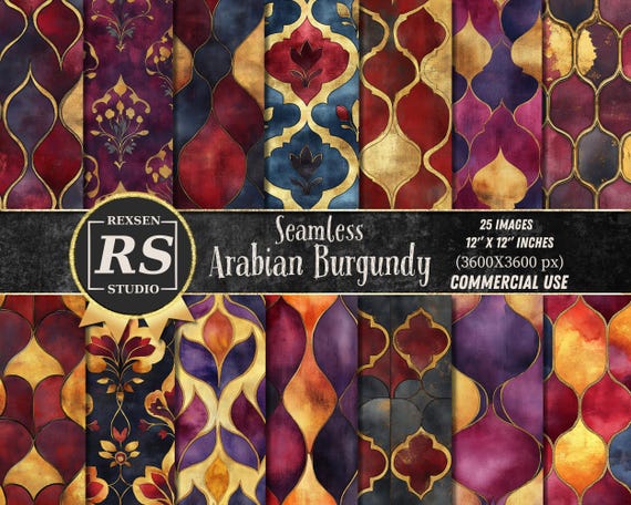 Watercolor Arabian Burgundy Digital Paper Pack, Seamless Luxury Patterns, Boho Islamic Ornamental Backgrounds, Printable PNG Bundle