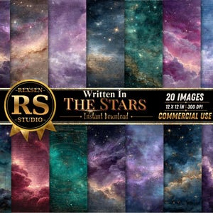 Könnte beinhalten: Eine Sammlung von 20 digitalen Hintergrundbildern zum Thema Galaxie mit violetten, blauen und türkisfarbenen Nebelwolken und verstreuten Sternen. Ein zentrales schwarzes Banner zeigt den Text REXSEN RS STUDIO Written In THE STARS 20 IMAGES 12 X 12 IN 300 DPI.