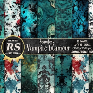 25 Vampire Glamour Digital Paper, Halloween seamless backgrounds pattern gothic damask black and blue rose teal distressed grunge textures