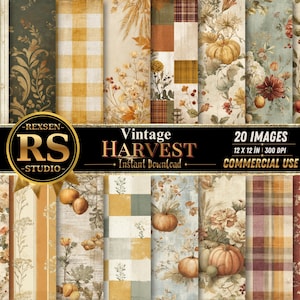 May include: A collection of 20 digital papers featuring vintage harvest themes, including patterns of pumpkins, autumn flowers, plaid, stripes, and fruit. The text reads REXSEN RS STUDIO Vintage HARVEST 20 IMAGES 12 X 12 IN 300 DPI COMMERCIAL USE.