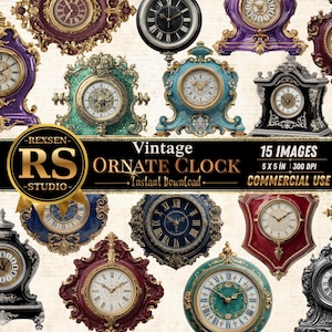 May include: A collection of fifteen ornate clocks in various colours including purple, teal, black, blue, and red. Each clock features intricate gold detailing, Roman numerals, and unique frame shapes. The image includes text: REXSEN RS STUDIO Vintage ORNATE CLOCK 15 IMAGES 5 X 5 IN 300 DPI COMMERCIAL USE Instant Download.