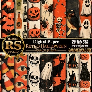 May include: A collection of 20 digital paper seamless patterns featuring Halloween motifs including orange pumpkins, black cats, ghosts, skulls, spiders, bats, witch hats, candy corn, and haunted houses with the text REXSEN RS STUDIO Digital Paper.