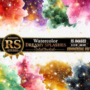 Puede incluir: Imagen de arte digital con salpicaduras de acuarela coloridas en tonos de rojo, azul, verde, dorado y morado. La imagen incluye el texto "Watercolor Dreamy Splashes" y "15 Images 5 x 5 in 300 DPI Commercial Use."