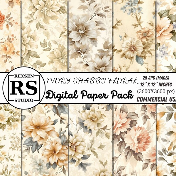 Ivory Shabby Floral Digital Paper - seamless shabby patterns in ivory beige with rustic floral patterns and vintage textures