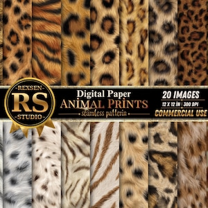 Puede incluir: Una colección de 20 papeles digitales con estampados animales que presentan diversas texturas y patrones de pelaje, incluyendo leopardo, tigre y jirafa. La imagen incluye una banda negra con texto dorado: REXSEN RS STUDIO, Digital Paper, ANIMAL PRINTS, 12 x 12 IN, 300 DPI.